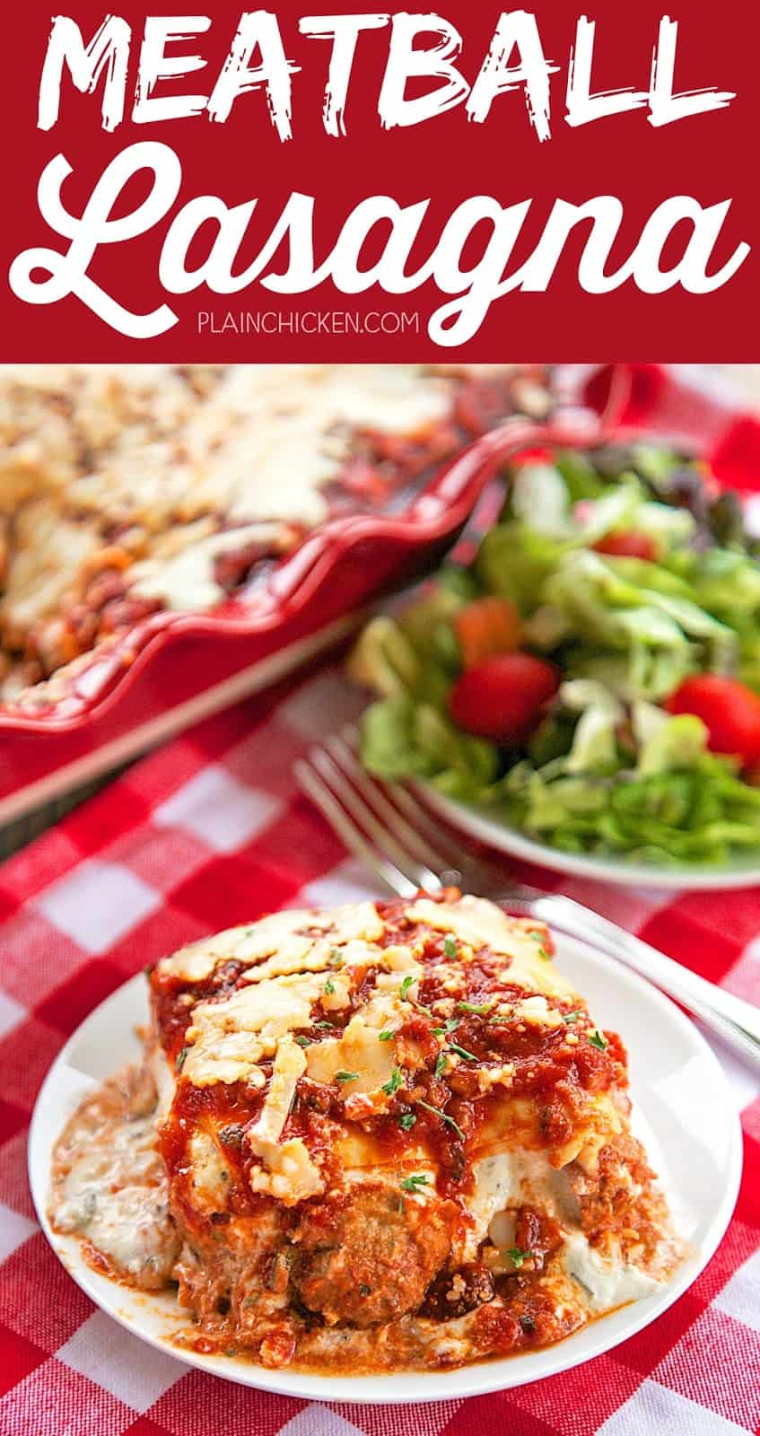 Meatball Lasagna - no meat to brown and no noodles to boil. Great weeknight casserole! Ricotta, mozzarella, parmesan, chive-and-onion cream cheese, pasta sauce, egg roll wrappers and frozen meatballs. Ready for the oven in minutes!! Everyone loved this lasagna!! SO easy and SO delicious! 