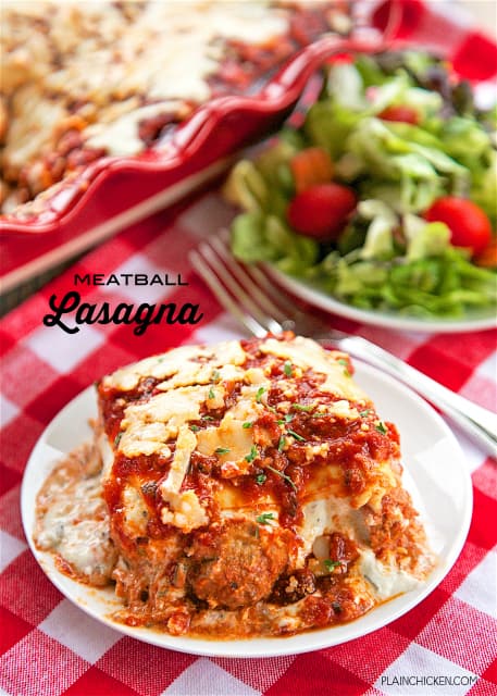 Meatball Lasagna - no meat to brown and no noodles to boil. Great weeknight casserole! Ricotta, mozzarella, parmesan, chive-and-onion cream cheese, pasta sauce, egg roll wrappers and frozen meatballs. Ready for the oven in minutes!! Everyone loved this lasagna!! SO easy and SO delicious! 