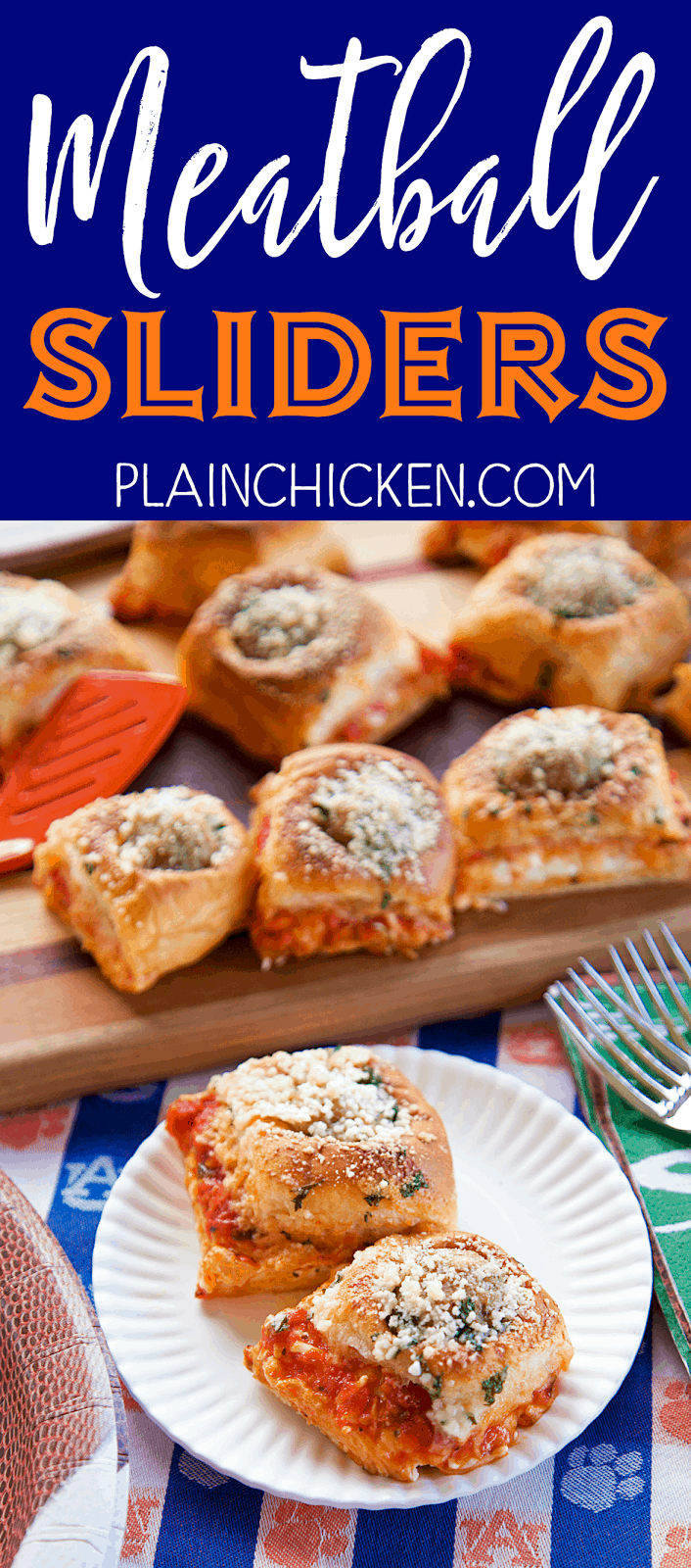 Meatball Sliders - SO good!! Perfect for parties and watching football!! Hawaiian rolls stuffed with cream cheese, Italian seasoning, mozzarella cheese, marinara sauce, frozen meatballs and topped with melted butter and Parmesan cheese. Ready in under 30 minutes! Great for a quick lunch or dinner too! There are never any left when I take these to a potluck! 