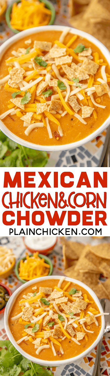 Mexican Chicken Corn Chowder - so simple and delicious!! Ready in about 30 minutes!! Chicken, creamed corn, diced tomatoes and green chiles, cumin, onion, garlic, chicken broth, half-and-half and cheese. SO creamy and delicious! Everyone went back for seconds. Such a quick and easy weeknight meal! #soup #chicken #mexican #30minutemeal #easydinner