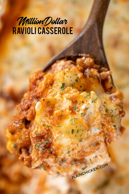 Million Dollar Ravioli Casserole - seriously delicious! Meat sauce, frozen ravioli, and 4 cheeses! The BEST pasta casserole EVER!!! Can make ahead and refrigerate or freeze for later. Frozen cheese ravioli, cream cheese, sour cream, cottage cheese, Italian sausage, spaghetti sauce, parmesan cheese and mozzarella cheese. Serve with a simple salad and garlic bread. Great for dinner parties and potlucks! Everyone loves this easy casserole! I never have any leftovers!! #casserole #pasta #freezermeal