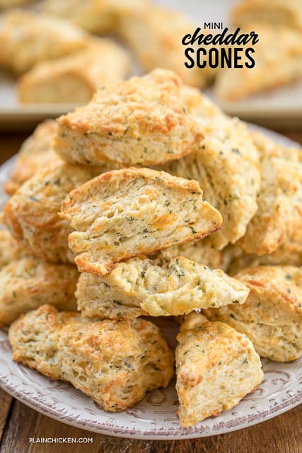 Mini Cheddar Scones - CRAZY good!!! They go with everything - soups, stews, casseroles, grilled meats. We make these yummy biscuits every week! Flour, baking soda, baking powder, salt, butter, cheese, and buttermilk. Surprisingly easy to make! We gobble these up!!