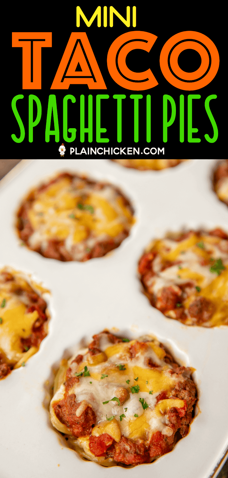 Mini Taco Spaghetti Pies - two favorites combined into one delicious dish!!! Bake in a muffin pan for a fun meal! Spaghetti, eggs, parmesan cheese, ground beef, taco seasoning, Rotel diced tomatoes and green chiles, spaghetti sauce, cottage cheese, butter, cheddar cheese. Can freeze leftovers for a quick meal later. Since they are small, they reheat in a flash! Our new favorite way to eat tacos and spaghetti! #tacos #spaghetti #freezermeal #recipe #spaghettipie #pasta