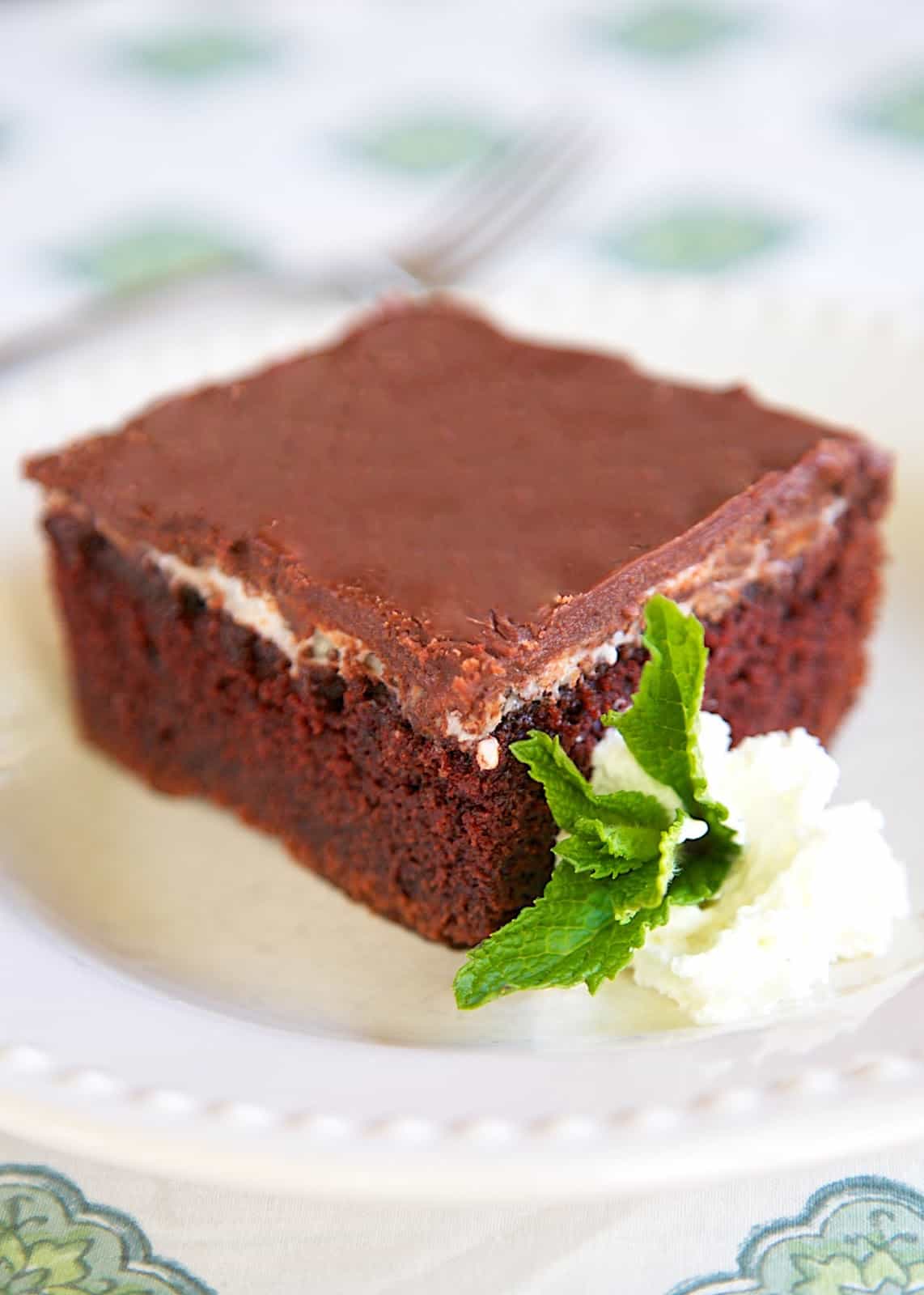 Grandma's Hint of Mint Cake Recipe - quick homemade chocolate cake, topped with Peppermint Patties and a homemade chocolate frosting. Great for a potluck dinner - super easy to transport. We like it with a scoop of vanilla ice cream!
