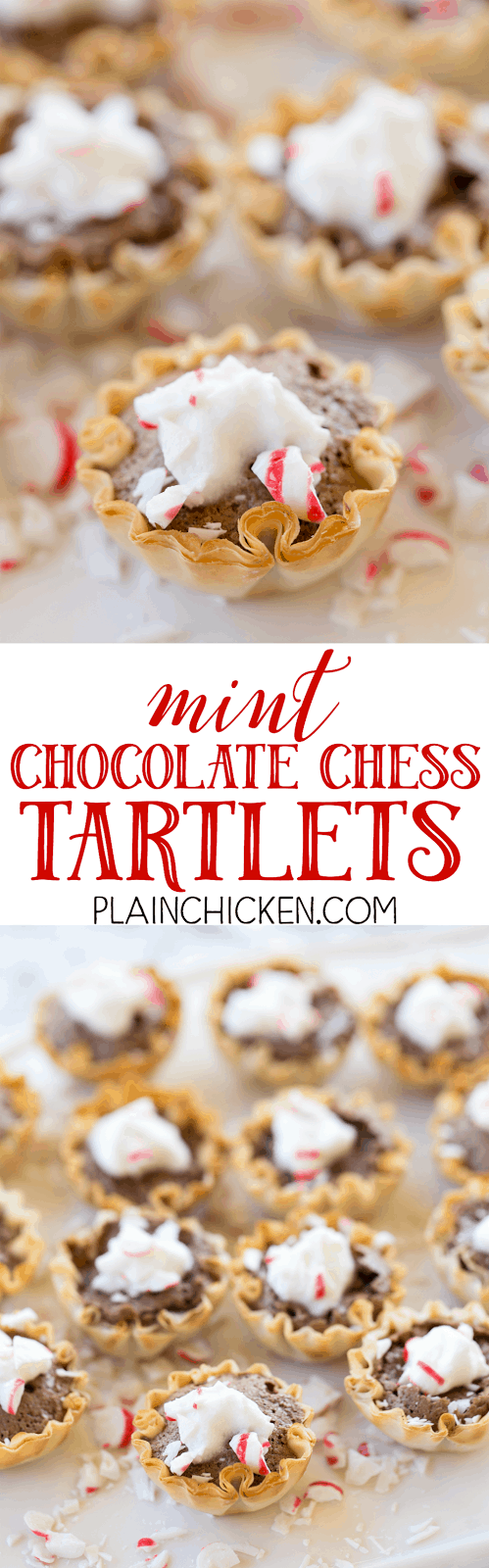 Mint Chocolate Chess Tartlets - tastes like Christmas! SO easy and makes a ton. GREAT for parties! Can make ahead of time and store in airtight container. Sugar, cocoa powder, cornmeal, flour, vinegar, butter, eggs, mint, mini phyllo tarts. Top the tarts with whipped cream and crushed mints. Everyone RAVED about how great these were. YUM!