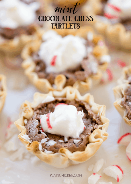Mint Chocolate Chess Tartlets - tastes like Christmas! SO easy and makes a ton. GREAT for parties! Can make ahead of time and store in airtight container. Sugar, cocoa powder, cornmeal, flour, vinegar, butter, eggs, mint, mini phyllo tarts. Top the tarts with whipped cream and crushed mints. Everyone RAVED about how great these were. YUM!