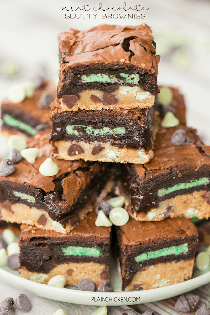 Mint Chocolate Slutty Brownies - seriously delicious! SO easy! Chocolate chip cookie dough topped with mint oreos and mint brownie batter. I could eat the entire pan! Fun treat for St. Patrick's Day!!