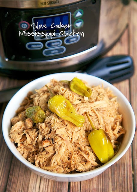 Slow Cooker Mississippi Chicken Recipe - chicken, Au Jus, Ranch, butter and pepperoncini peppers. We took our favorite pot roast recipe and used chicken. SO good!!!! 