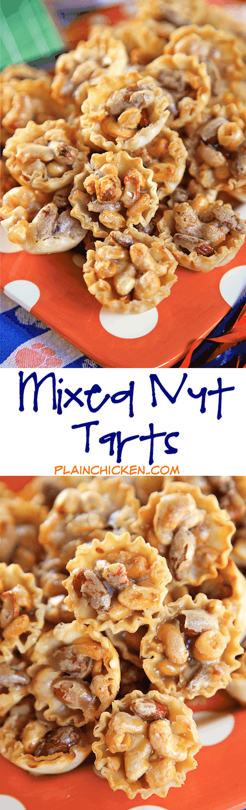 Mixed Nut Tarts - honey roasted mixed nuts tossed in a homemade caramel sauce and baked in mini phyllo shells. Ready in 15 minutes! Great for parties and your holiday table! Double the recipe - they were gone in a flash!! Can make up to 2 days in advance.