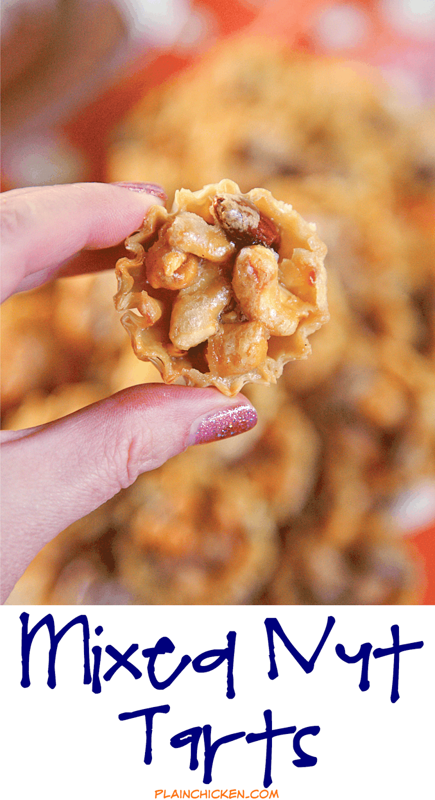 Mixed Nut Tarts - honey roasted mixed nuts tossed in a homemade caramel sauce and baked in mini phyllo shells. Ready in 15 minutes! Great for parties and your holiday table! Double the recipe - they were gone in a flash!! Can make up to 2 days in advance.