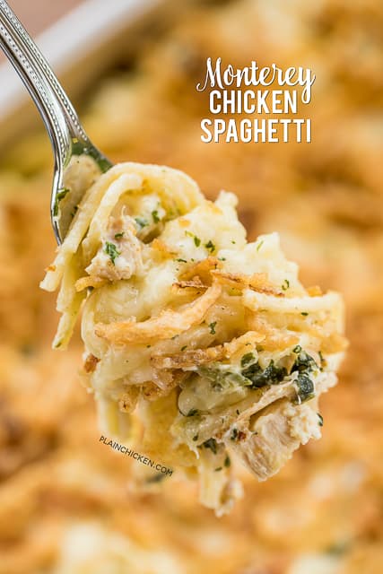 Monterey Chicken Spaghetti Casserole - my whole family went crazy over this easy chicken casserole!! Even our super picky eaters! Chicken, spaghetti, sour cream, cream of chicken, spinach, Monterey Jack Cheese, and french fried onions. Makes a great freezer meal! This is the most requested dinner in our house. #casserole #chickendinner #chickencasserole
