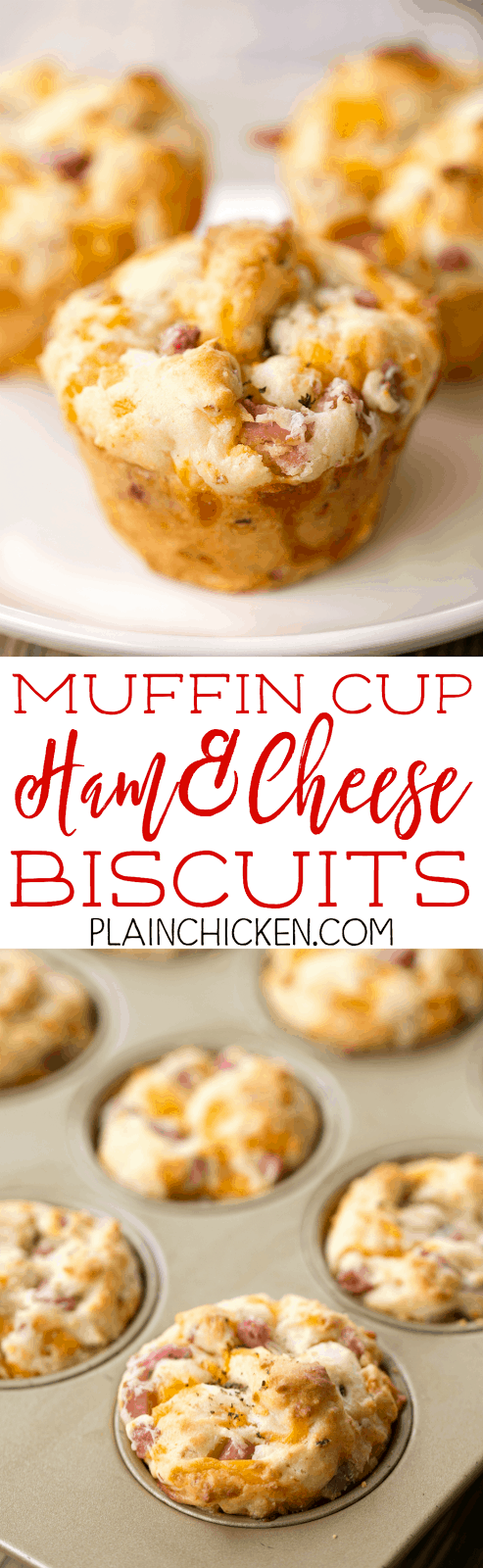 Muffin Cup Ham and Cheese Biscuits - SO GOOD! Great for breakfast, lunch or dinner. Make in a mini muffin pan for parties. There are never any left!! Flour, baking powder, salt, mayonnaise, ham and cheese. Ready in under 15 minutes!