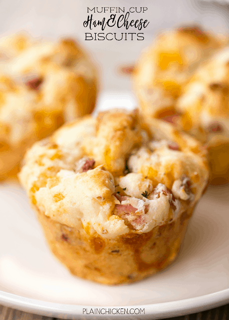 Muffin Cup Ham and Cheese Biscuits - SO GOOD! Great for breakfast, lunch or dinner. Make in a mini muffin pan for parties. There are never any left!! Flour, baking powder, salt, mayonnaise, ham and cheese. Ready in under 15 minutes!