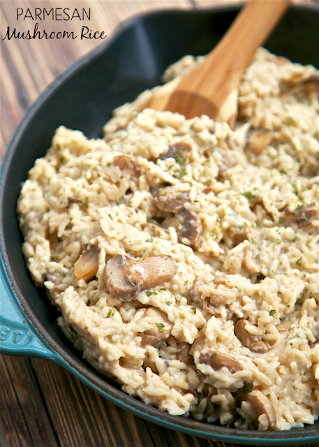 Parmesan Mushroom Rice - ready in 20 minutes! You'll never use the boxed stuff again! Rice, mushrooms garlic, chicken broth, milk, parmesan cheese and parsley. So easy and SOOOO delicious! You can leave out the mushrooms if you don't like them - great either way.
