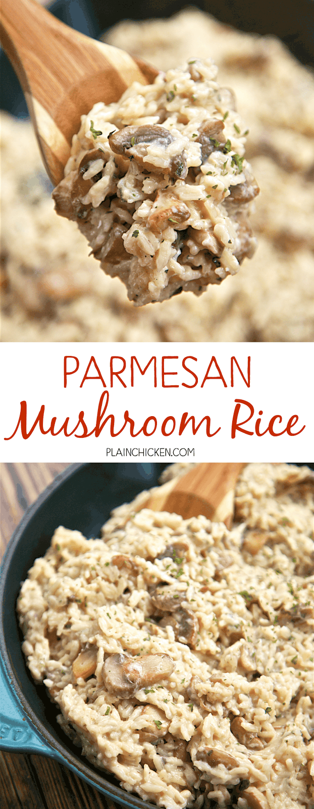 Parmesan Mushroom Rice - ready in 20 minutes! You'll never use the boxed stuff again! Rice, mushrooms garlic, chicken broth, milk, parmesan cheese and parsley. So easy and SOOOO delicious! You can leave out the mushrooms if you don't like them - great either way.