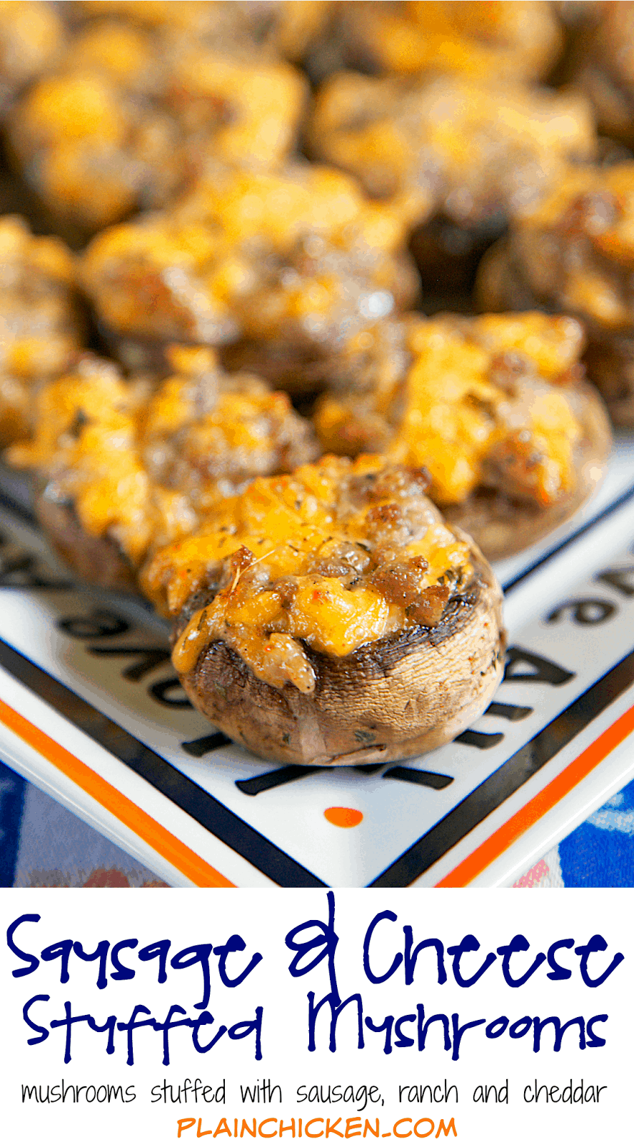 Sausage and Cheese Stuffed Mushrooms recipe - mushroom caps stuffed with sausage, cheese, ranch and red pepper - can make sausage mixture ahead of time and stuff mushrooms when ready to bake. Took these to a party and they were gone in a flash!