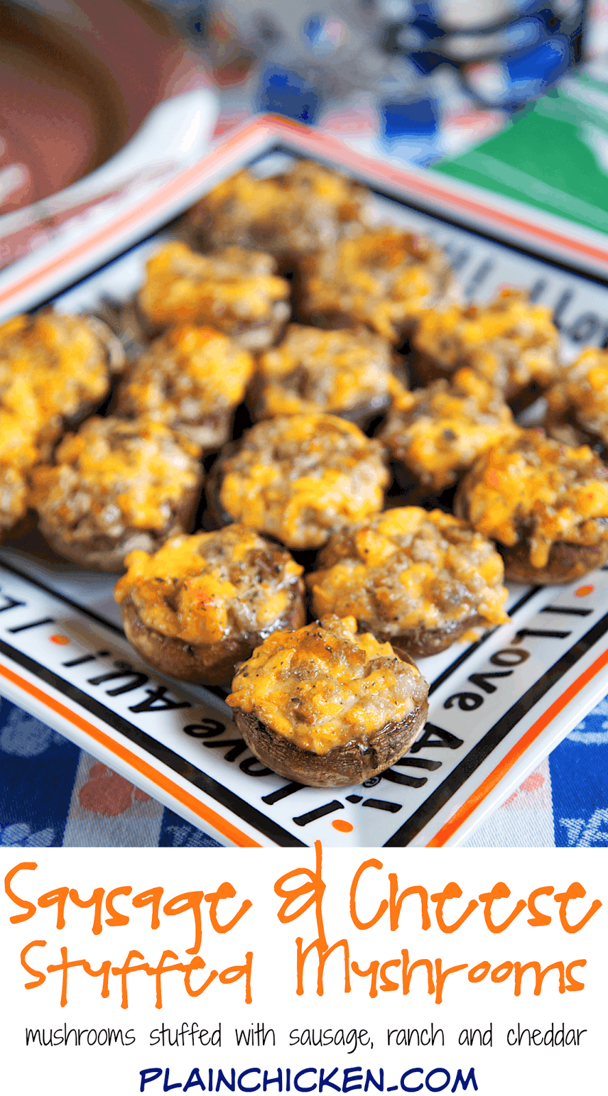 Sausage and Cheese Stuffed Mushrooms recipe - mushroom caps stuffed with sausage, cheese, ranch and red pepper - can make sausage mixture ahead of time and stuff mushrooms when ready to bake. Took these to a party and they were gone in a flash!