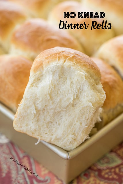 No Knead Dinner Rolls recipe - seriously THE BEST rolls EVER!! The best part is that you can make them the day before and bake them when you are ready. PERFECT for the holidays!!! Water, sugar, eggs, flour, butter and yeast. Super simple to make and they taste amazing. Great for making leftover turkey and ham sandwiches at the holidays!! #breadrecipe #dinnerrolls #nokneadbread #thanksgiving #christmas #makeaheadrecipe #thanksgivingrecipes #christmasrecipes