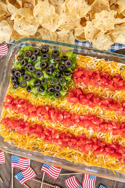 taco dip in shape of flag with chips
