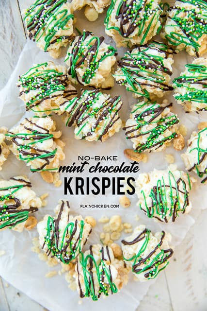 No-Bake Mint Chocolate Krispies - only 5 ingredients and 5 minutes! These are dangerously delicious! Drizzle with melted chocolate and green candy melts for a festive St. Patrick's Day treat!! Almond bark, peppermint oil, rice krispies, peanuts and marshmallows. #nobake #stpatricksday #candy #easydessert