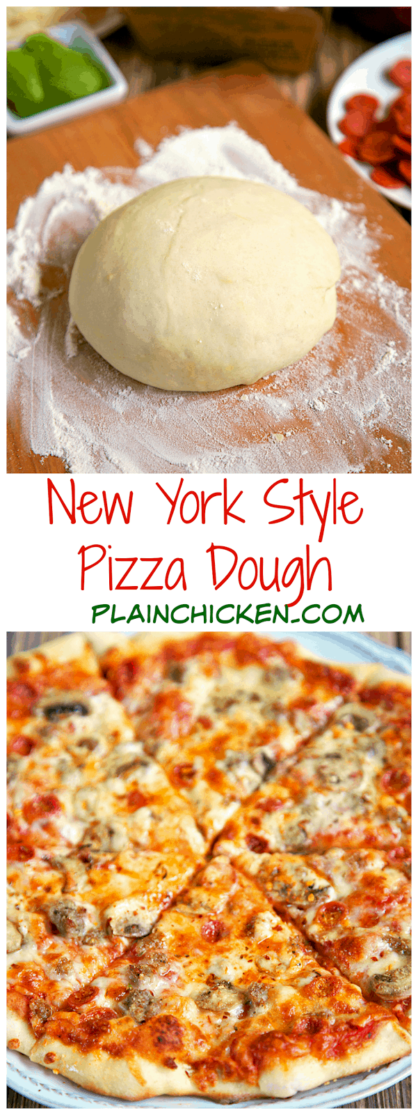 New York Style Pizza Dough Recipe - only 4 ingredients to make the best pizza dough - this dough is so easy to work with! Make the dough and refrigerate until ready to use. Can make up to 3 or 4 days in advance.