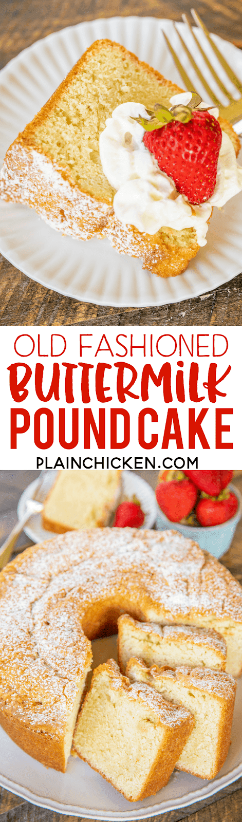Old Fashioned Buttermilk Pound Cake - seriously the BEST pound cake we've ever made! SO delicious!! SO light and fluffy! Shortening, sugar, buttermilk, egg yolks, baking soda, flour, salt, vanilla and stiff egg whites. Fluffy egg whites make all the difference in this batter! Can make ahead of time and store in an air-tight container. Freeze any leftovers for a quick dessert later. You MUST make this cake ASAP!! #cake #dessert #poundcake