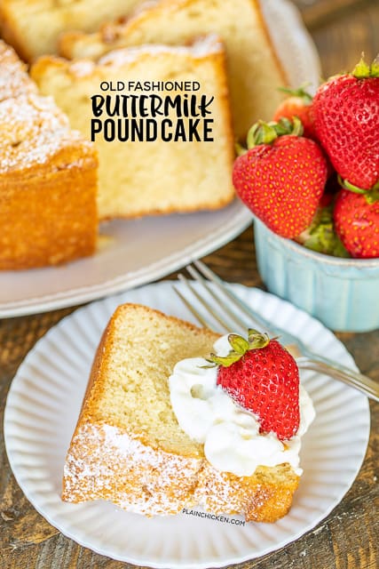 Old Fashioned Buttermilk Pound Cake - seriously the BEST pound cake we've ever made! SO delicious!! SO light and fluffy! Shortening, sugar, buttermilk, egg yolks, baking soda, flour, salt, vanilla and stiff egg whites. Fluffy egg whites make all the difference in this batter! Can make ahead of time and store in an air-tight container. Freeze any leftovers for a quick dessert later. You MUST make this cake ASAP!! #cake #dessert #poundcake