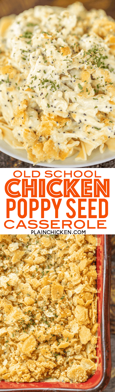 Old School Chicken Poppy Seed Casserole - a classic dish! Seriously delicious. Our whole family cleaned their plate and asked for seconds! Chicken, cream of chicken soup, sour cream, poppy seeds, Ritz cracker and butter. Great make-ahead weeknight meal! #casserole #chicken #easy
