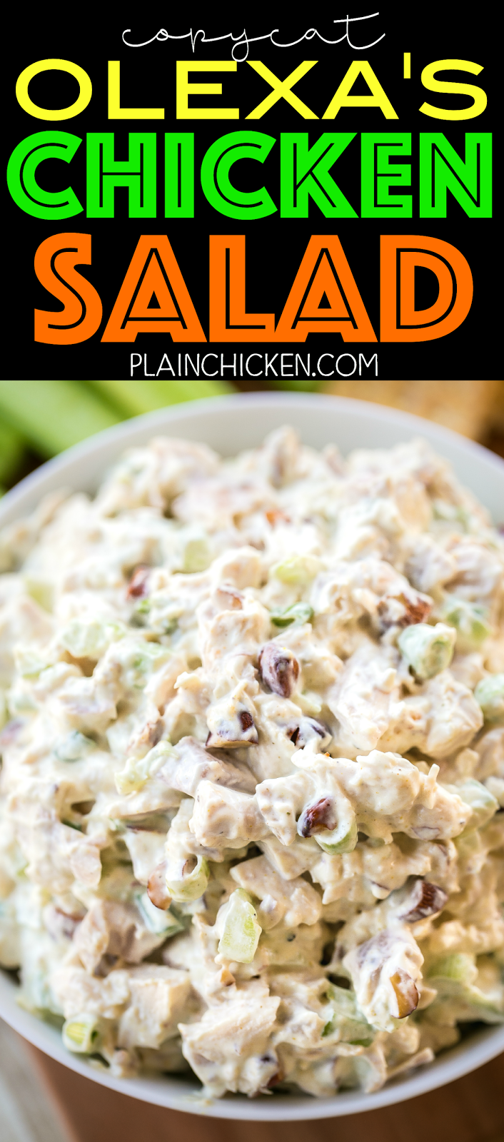 Olexa's Chicken Salad - This is THE BEST chicken salad EVER!! SO good!!! Chicken, mayo, sour cream, celery, curry, salt, pepper, lemon juice, green onions and smoked almonds. Copycat recipe from the Birmingham, AL restaurant. I think this version is better than the original. Keeps for up to 5 days in the fridge. 