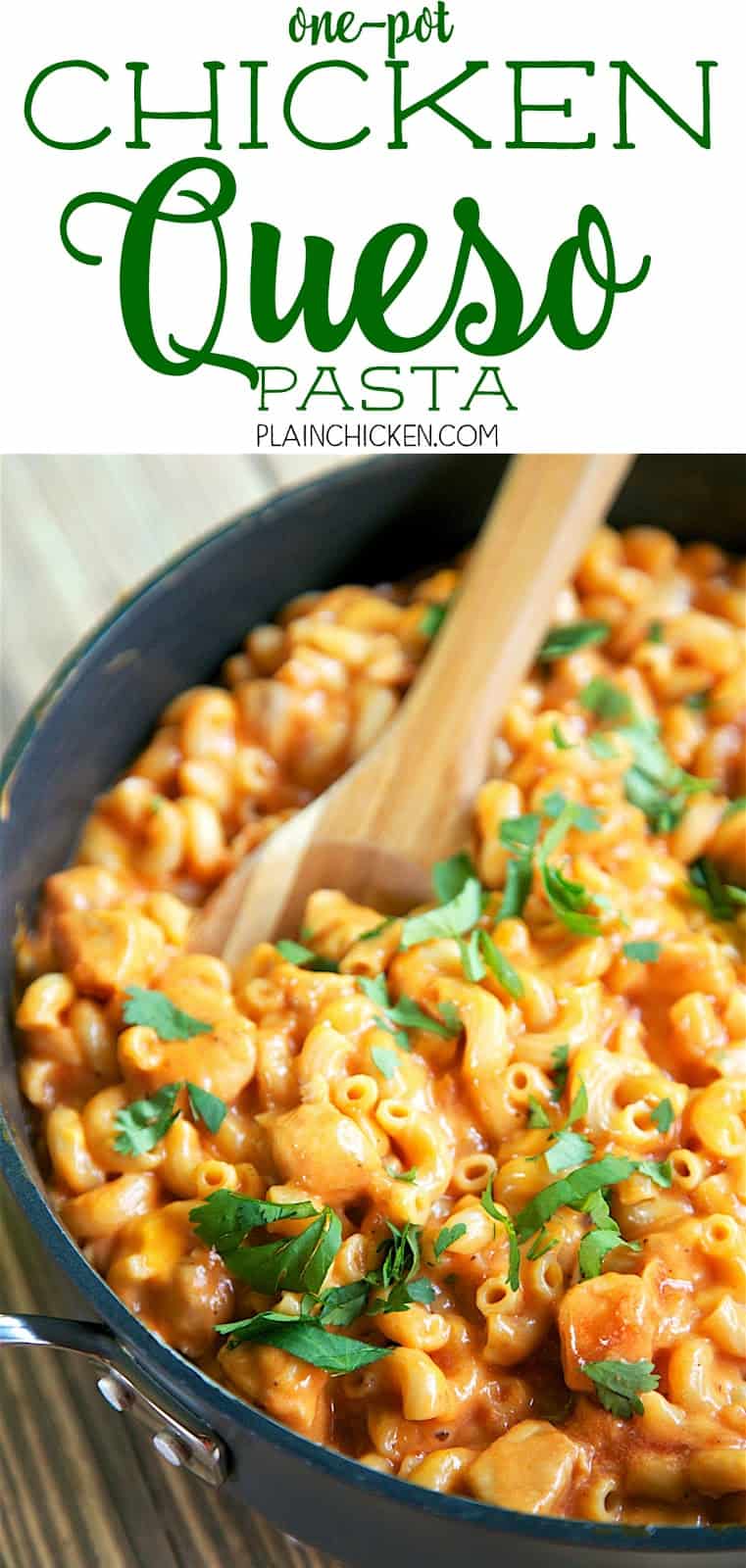 One Pot Chicken Queso Pasta - everything cooks in the same pan, even the pasta! Only 6 ingredients! Chicken, taco seasoning, chicken broth, salsa, pasta and velveeta. Everyone cleaned their plates! Quick, easy Mexican recipe that is ready in 20 minutes!