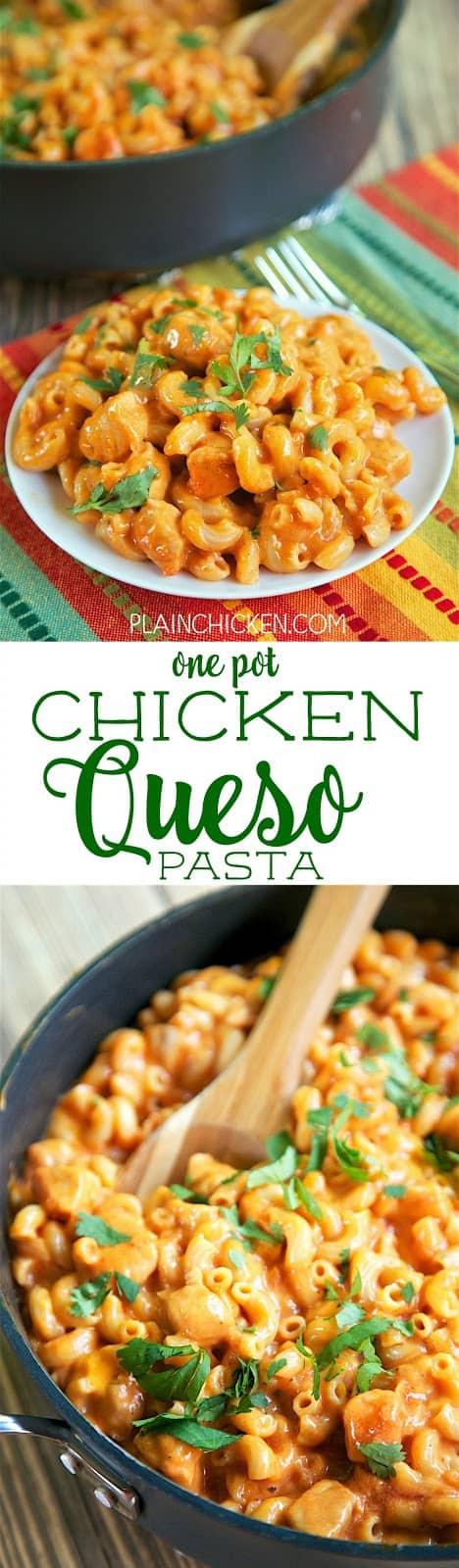One Pot Chicken Queso Pasta - everything cooks in the same pan, even the pasta! Only 6 ingredients! Chicken, taco seasoning, chicken broth, salsa, pasta and velveeta. Everyone cleaned their plates! Quick, easy Mexican recipe that is ready in 20 minutes!