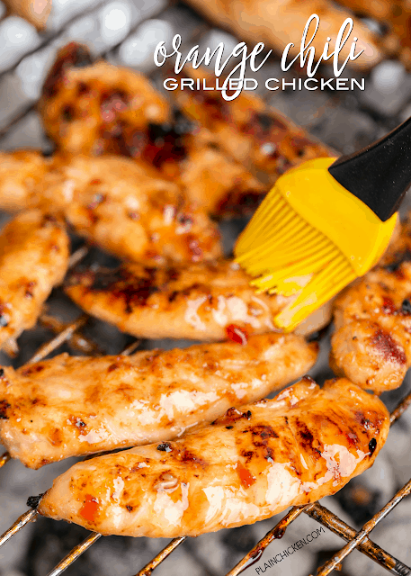 Orange Chili Grilled Chicken - seriously delicious! Only 4 ingredients! Chicken, sweet chili sauce, honey and orange juice. Grill and baste with reserved sauce. SO much great flavor!!! We always double the recipe for leftovers - great on a salad or in a wrap. We LOVE this easy chicken marinade recipe!!!