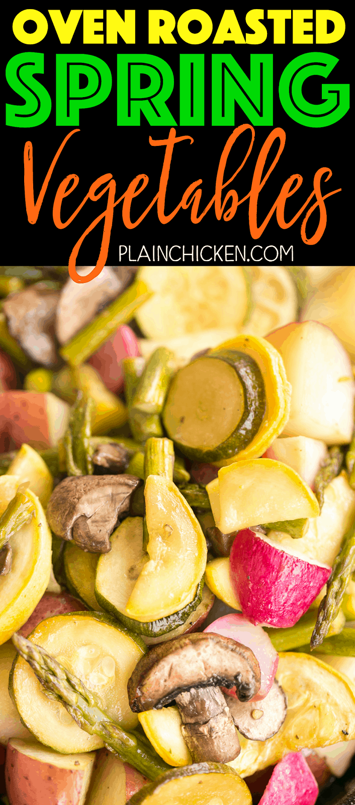 Oven Roasted Spring Vegetables - potatoes, asparagus, squash, zucchini, radishes and mushrooms tossed in balsamic vinegar and brown sugar. Something for everyone!! Such and EASY side dish recipe! Just chop, toss and bake. Ready in about 35 minutes. Everyone LOVES this dish! Great with grilled chicken, pork and steak.