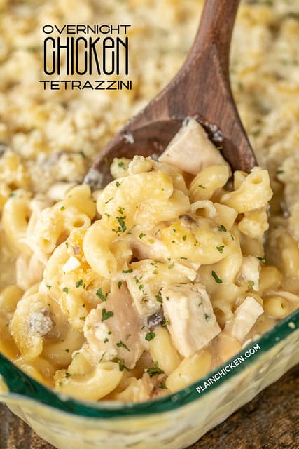 Overnight Chicken Tetrazzini - a new family favorite! It is on repeat in our house! Just dump everything in the casserole dish and refrigerate overnight. No boiling the noodles. They will soften overnight and be cooked to perfection in the finished dish. Chicken, cream of chicken, cream of mushroom, milk, chicken broth, onion, garlic, elbow macaroni and parmesan cheese. Use a rotisserie chicken for quick prep. #casserole #chicken #kidfriendly #noboil
