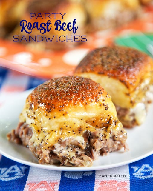 Party Roast Beef Sandwiches - CRAZY good! We are totally addicted to these sandwiches!! Hawaiian rolls, roast beef, white american cheese, topped with butter, brown sugar, horseradish sauce, worcestershire sauce and poppy seeds. These things go fast! I always double the recipe. They are also good reheated!