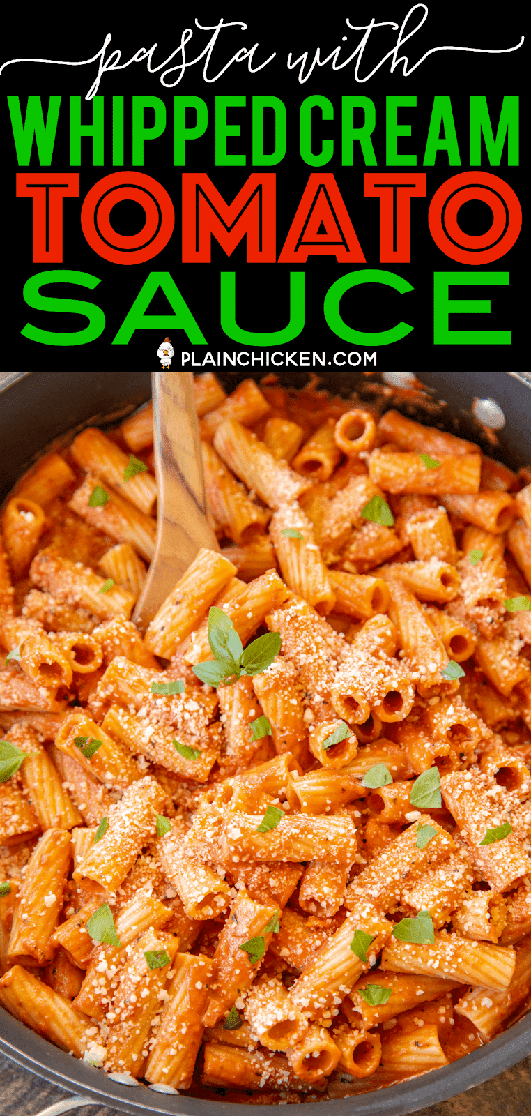 Pasta with Whipped Cream Tomato Sauce - better than any restaurant!! Pancetta, crushed tomatoes, shallots, garlic, pepper, sugar, rigatoni, whipped cream, basil and parmesan. Ready to eat in about 20 minutes! SO easy and everyone LOVES this yummy pasta! #pasta #quick