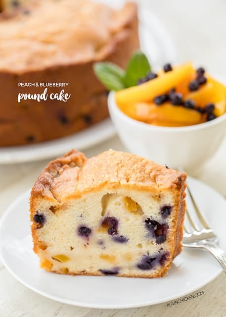 Peach and Blueberry Pound Cake - the perfect summer dessert! Can make ahead of time and serve a few days later. You can even freeze the cake!! Butter, cream cheese, sugar, eggs, milk, flour, baking powder, salt, fresh peaches, fresh blueberries and peach preserves. This cake is CRAZY good! Everyone raves about ti when I take it to a potluck!!