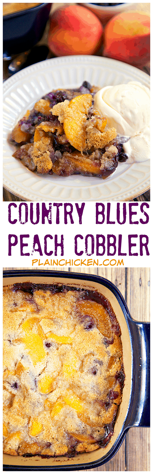 Country Blues Peach Cobbler - peaches, blueberries, butter, Martha White Blueberry Muffin mix - super quick and easy dessert - can use fresh or frozen peaches and blueberries. Serve with ice cream for a delicious dessert!
