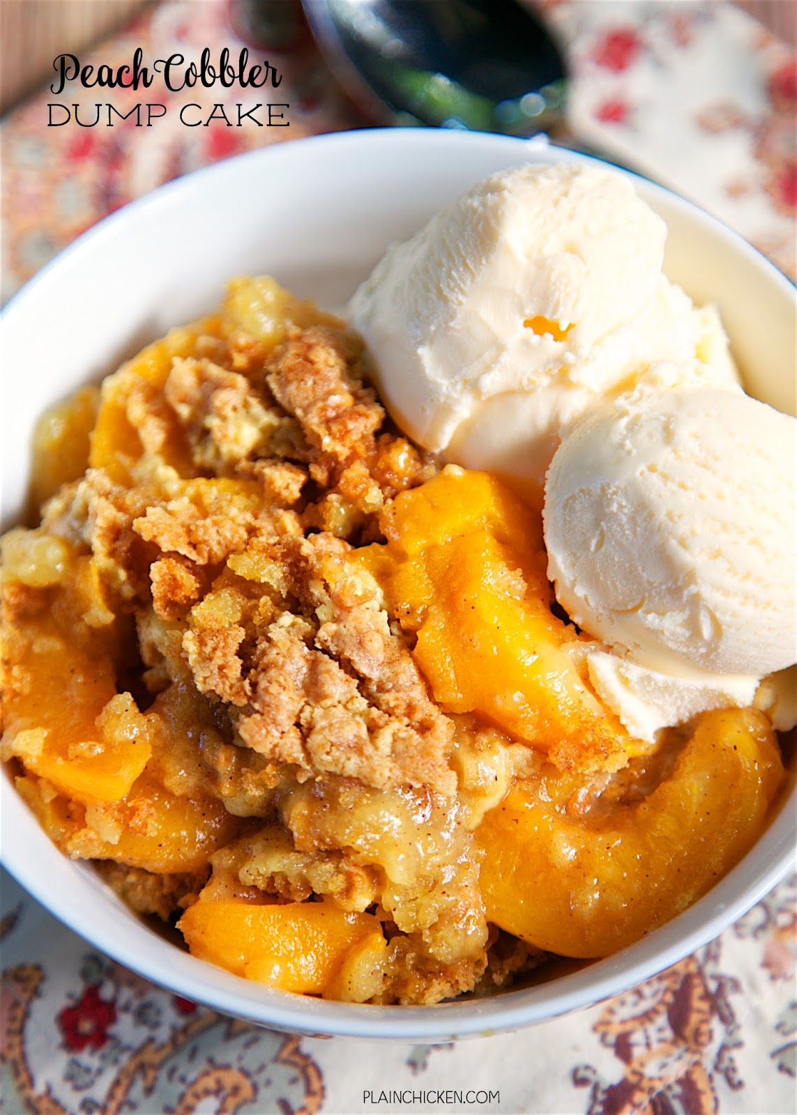 Peach Cobbler Dump Cake - only 4 ingredients for the most delicious dessert ever! LOVE this!!! Literally takes a minute to make and everyone loved it. There were no leftovers! Serve warm with some vanilla ice cream. YUM!