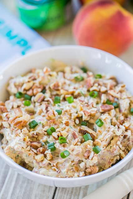 Peaches and Cream Country Ham Dip - so easy to make and it tastes great! Only 6 ingredients! Cream cheese, country ham, dijon mustard, green onions, peach preserves, pecans. Dump everything in the food processor and pulse. Serve with crackers and/or celery. It is always a hit at parties!! Quick, easy, delicious dip recipe.