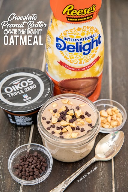 Chocolate Peanut Butter Overnight Oatmeal - perfect for breakfast or an afternoon pick-me-up. Loaded with protein! Oatmeal, Greek yogurt, Reese's Coffee Creamer and peanut butter. Stir it all together in a mason jar for easy clean up. Tastes like you are cheating, but you aren't! YUM! #chocolate #peanutbutter #overnightoatmeal