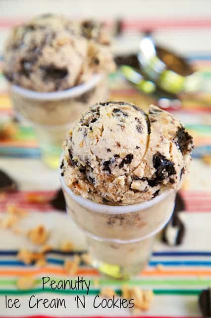 Peanutty Ice Cream 'N Cookies - No Machine Required! - peanut butter ice cream with double stuf Oreos and chopped peanuts - SO good! Takes 5 minutes to whip together. Throw in the freezer and you have ice cream in a few hours!