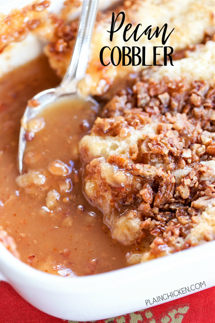 Pecan Cobbler - THE BEST dessert ever! Magically makes an amazing sauce as it bakes. Butter, flour, sugar, milk, vanilla, pecans, toffee bits and boiling water. Serve with vanilla ice cream or fresh whipped cream. Perfect for the holidays!