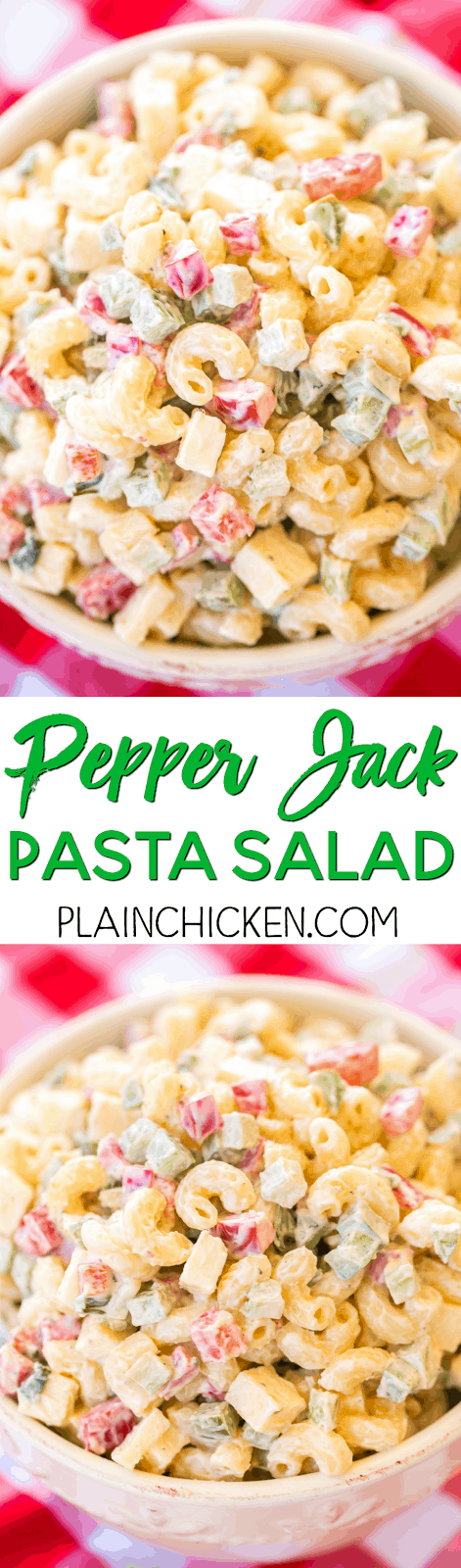 Pepper Jack Pasta Salad - seriously DELICIOUS! So simple, yet so amazing! Macaroni, pepper jack cheese, red bell pepper, green bell pepper, celery, green onions, mayonnaise, salt and pepper. Can make ahead and refrigerate until ready to eat. Perfect for summer potluck! Such an easy side dish recipe!