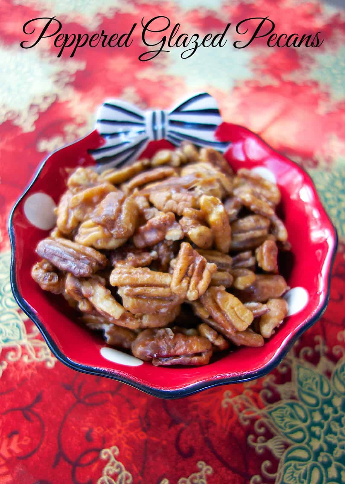Peppered Glazed Pecans - you'll want to double the recipe - they go fast! Pecans coated in brown sugar, butter, corn syrup, pepper and salt. Great for snacking on at holiday parties! Also makes a great homemade gift! Everyone LOVES this easy snack recipe!