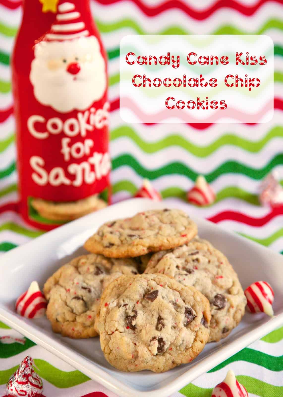 Candy Cane Kiss Chocolate Chip Cookies - chopped up candy cane kisses and chocolate chips combine to make a festive and delicious treat. Great addition to your holiday cookie tray! Everyone always asks for the recipe!!! A delicious holiday cookie recipe!