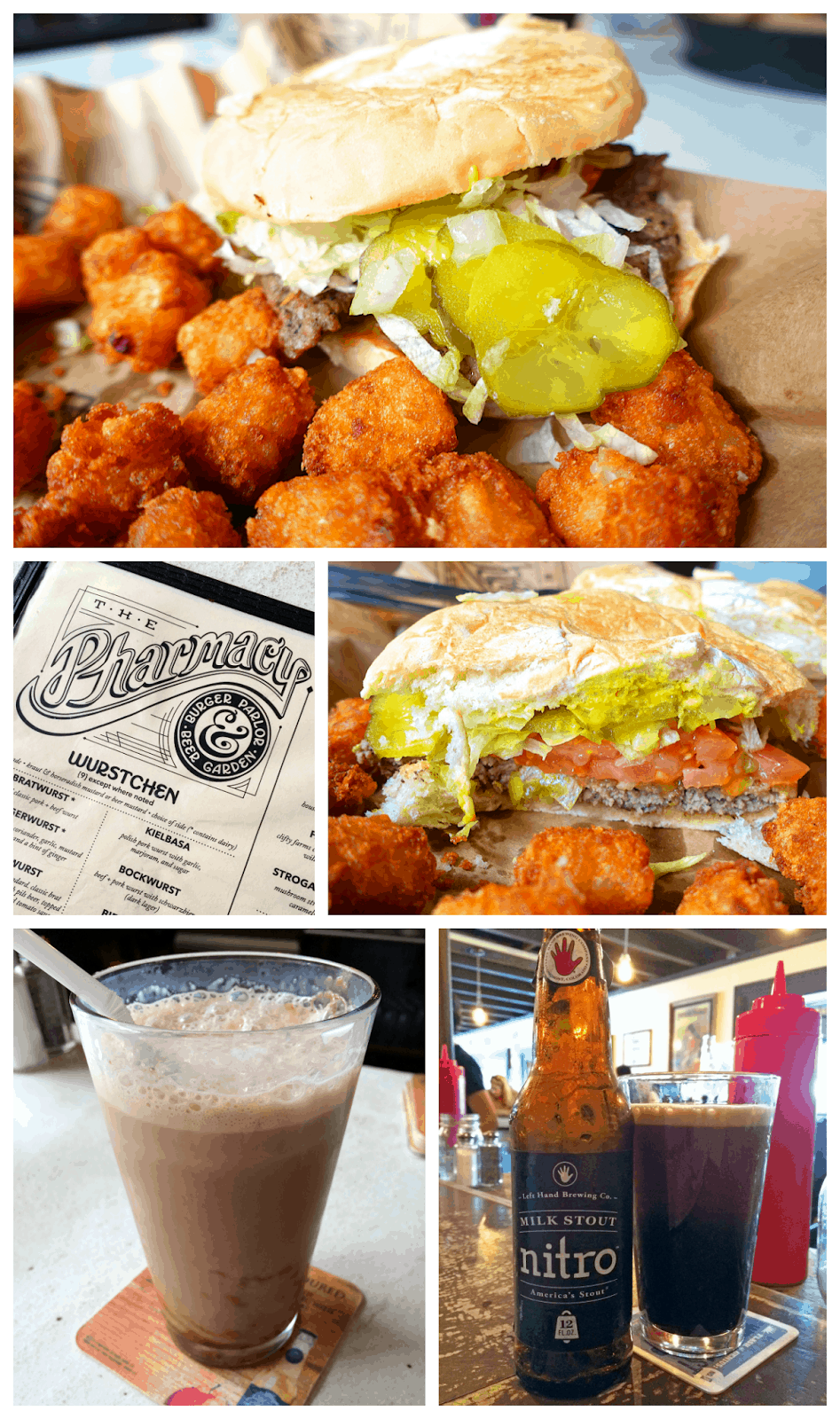 The Pharmacy Burger Parlor and Beer Garden - Nashville, TN - BEST burger in Nashville - hand made burgers, brats and old fashioned sodas. They even make their own condiments! Don't miss the tots! Great beer list. Sit outside in the beirgarten!