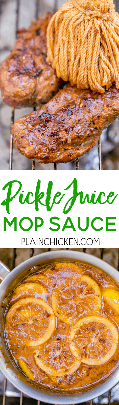 Pickle Juice Mop Sauce - CRAZY good! Great on pork, chicken or steaks. Butter, onion, dill pickle juice, cider vinegar, sugar, lemons, crushed red pepper, cayenne pepper, Worcestershire, salt and pepper. Sweet with a little heat! Can make ahead of time and refrigerate until ready to grill. 
