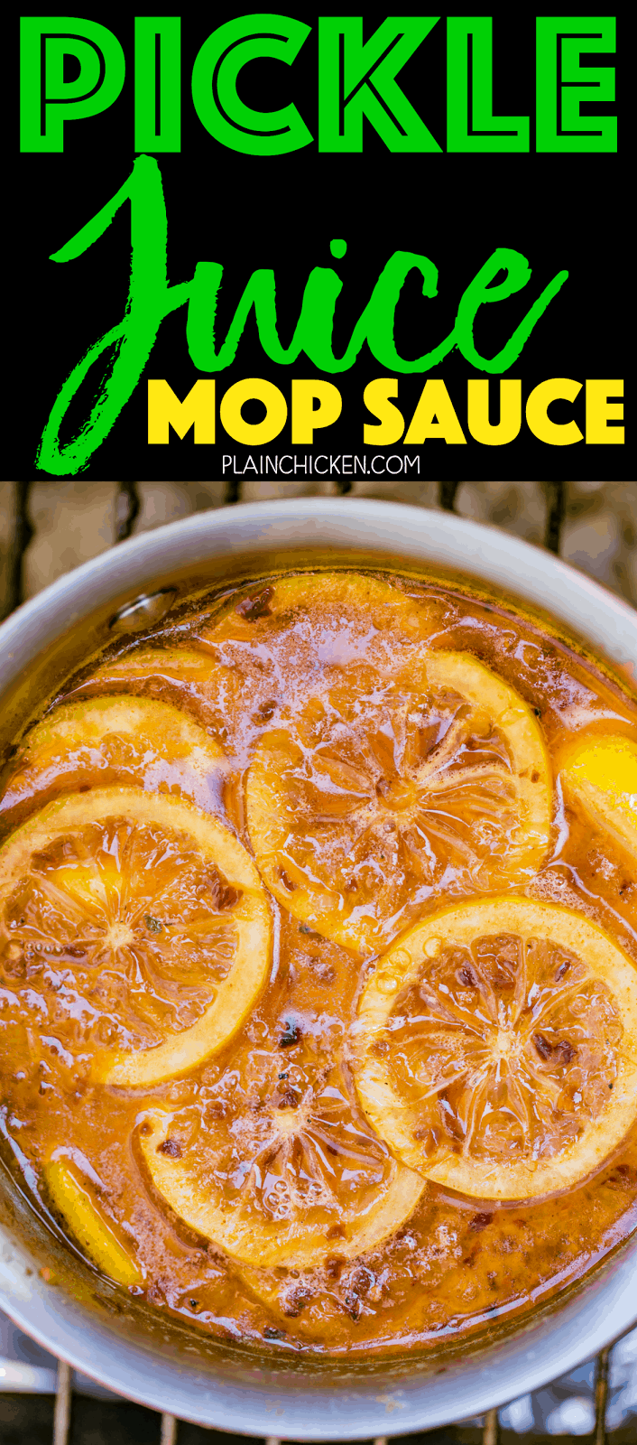 Pickle Juice Mop Sauce - CRAZY good! Great on pork, chicken or steaks. Butter, onion, dill pickle juice, cider vinegar, sugar, lemons, crushed red pepper, cayenne pepper, Worcestershire, salt and pepper. Sweet with a little heat! Can make ahead of time and refrigerate until ready to grill. 