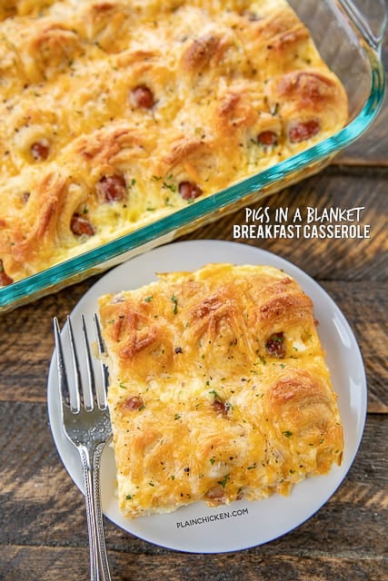 Pigs in a Blanket Breakfast Casserole - seriously the BEST!!! Crescent rolls, dijon mustard, lit'l smokies, cheese, eggs and milk. SO simple and SOOO delicious! Great for breakfast, brunch, lunch, dinner and tailgating! I mean, nothing says football food like pigs in a blanket. Everyone LOVED this easy breakfast casserole. They cleaned their plate and asked for seconds. Success!!! #breakfast #casserole #pigsinablanket #breakfastcasserole